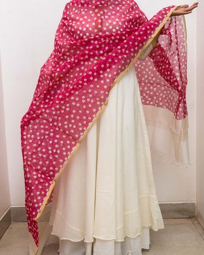 Pink Silk Cotton White Floral Print Dupatta