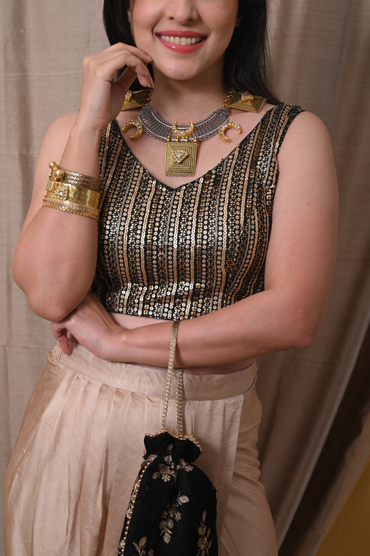 Black Embroidery Sequins Sleeveless Blouse