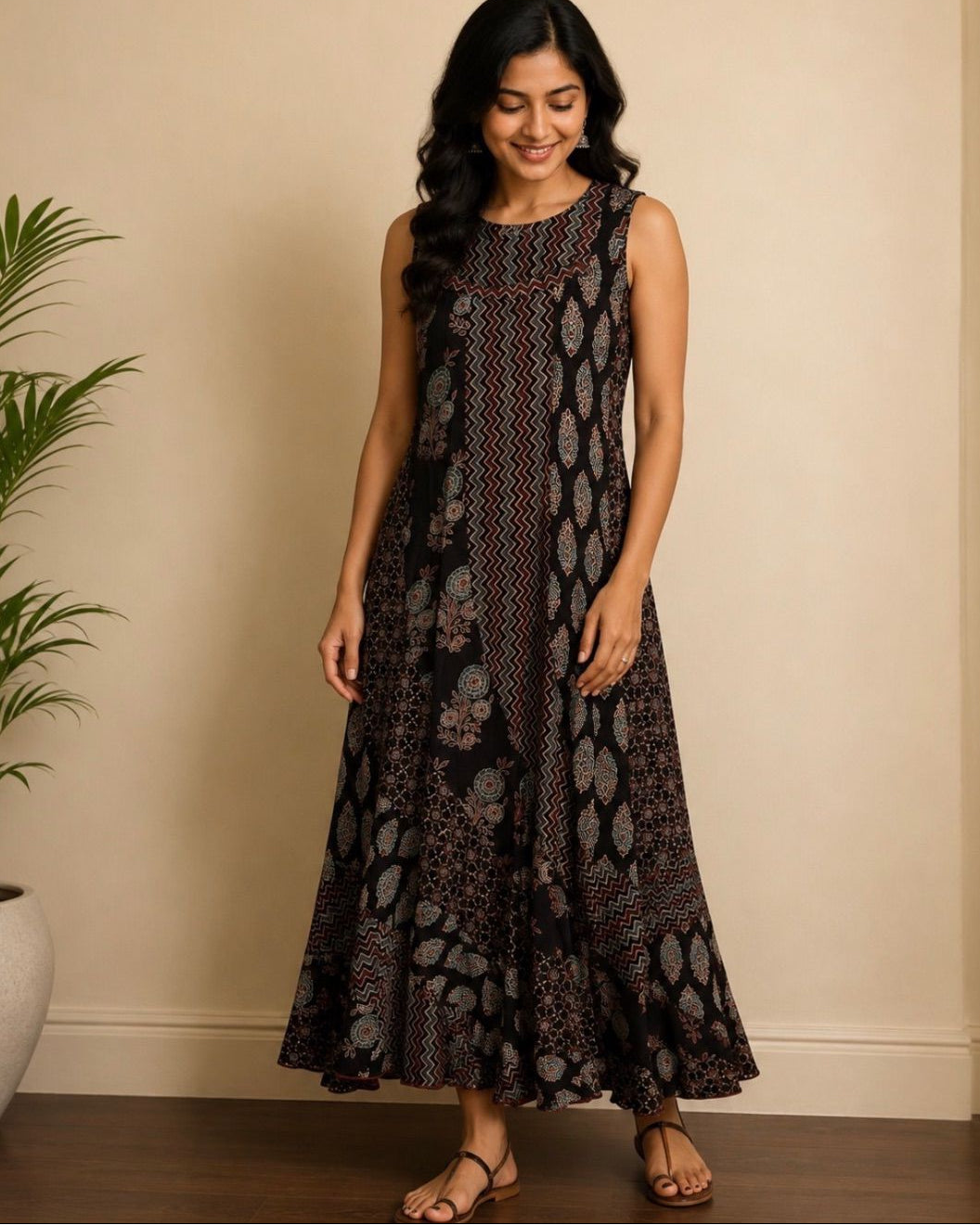 Black Ajrakh Sleeveless Cotton Dress