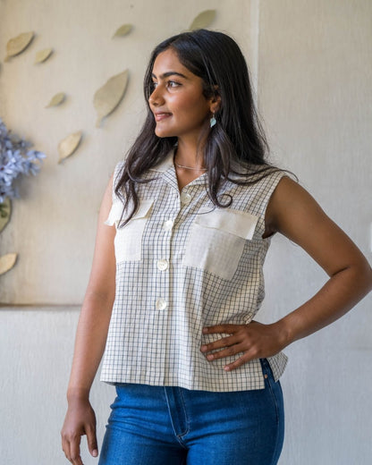 White Checked Sleeveless Pockets Top
