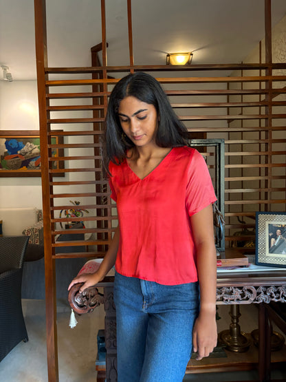 Red Modal V Neck SleevesTop