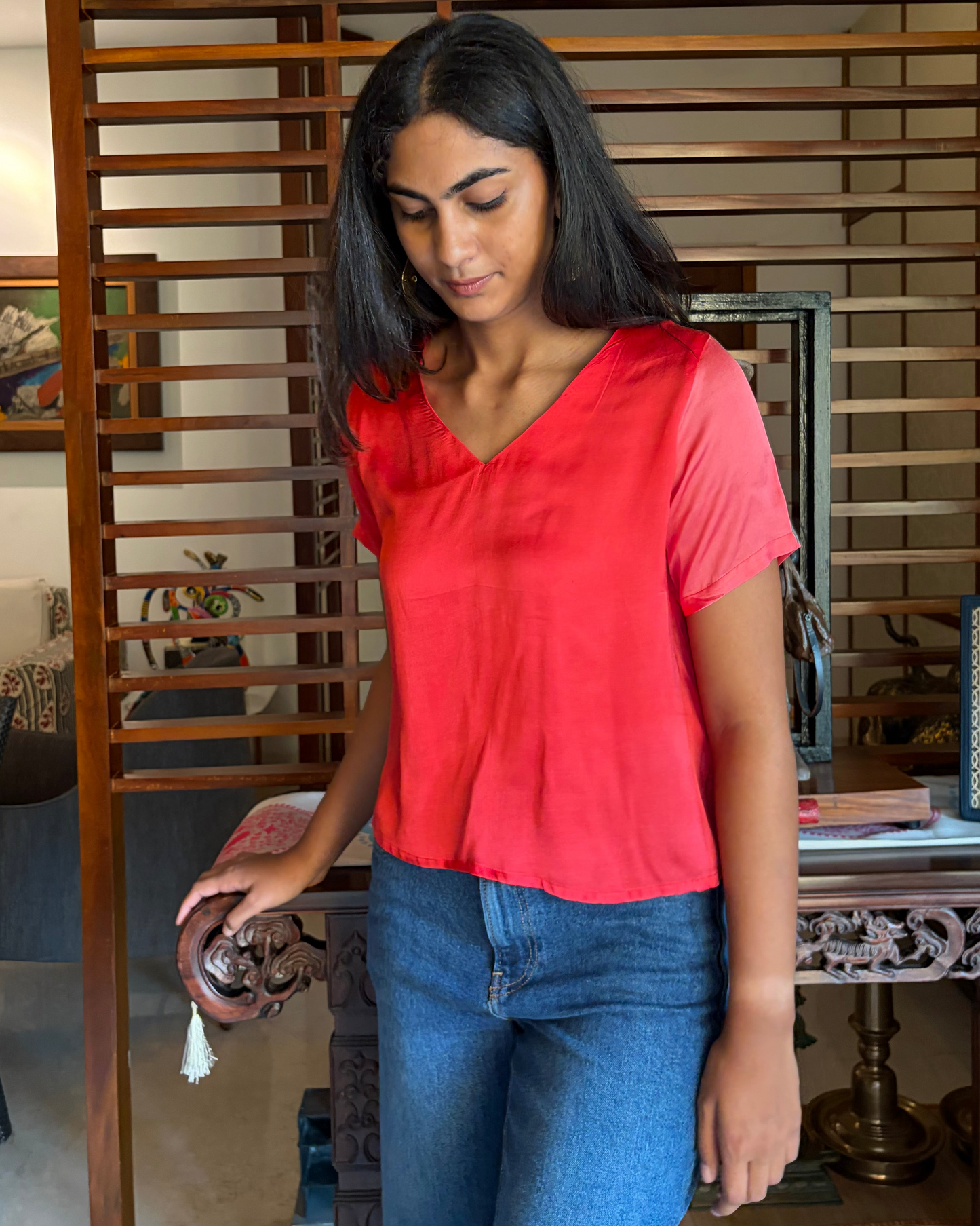 Red Modal V Neck SleevesTop