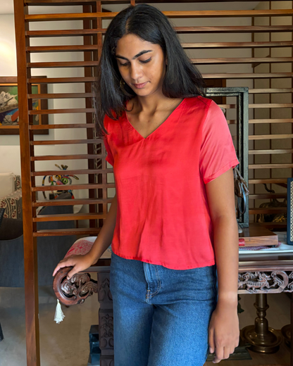 Red Modal V Neck SleevesTop