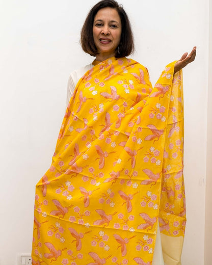 Yellow Bird Cotton Silk Dupatta