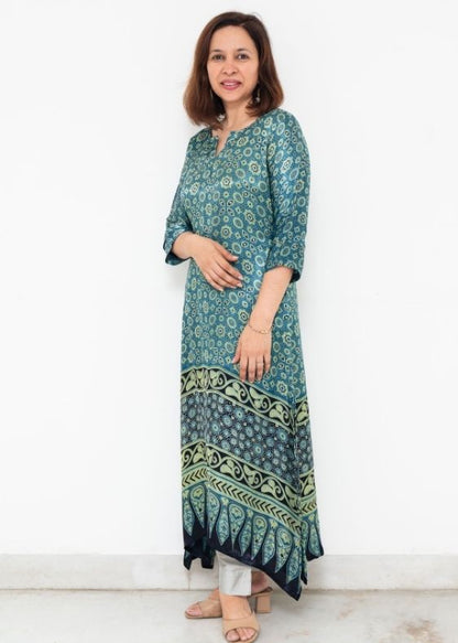 Green Printed Deepam Mashru Silk Dress