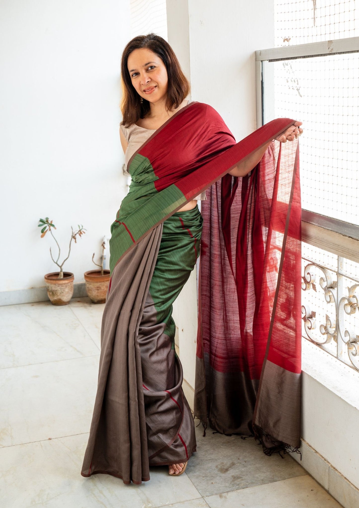 Green Red Brown Colour Block Eri Silk Saree