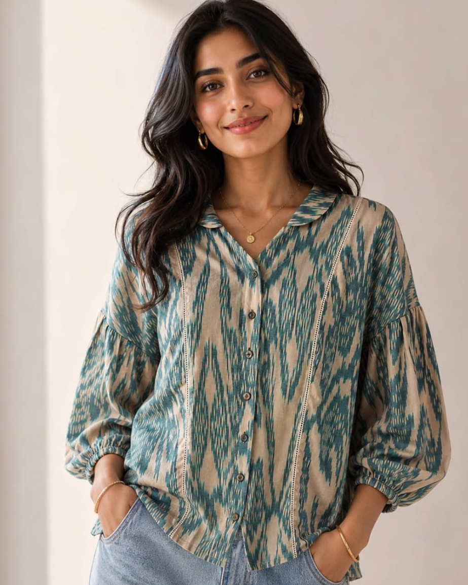 Green Shirt Collar Ikat Cotton Top