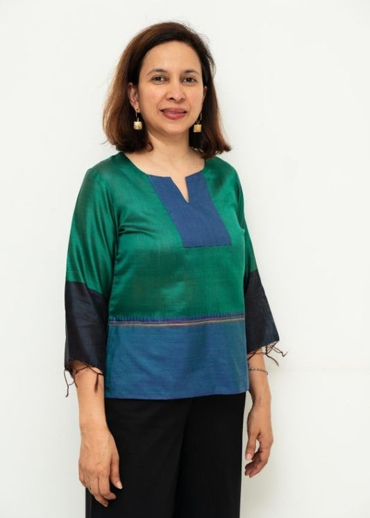 Green V Neck Eri Silk Blouse
