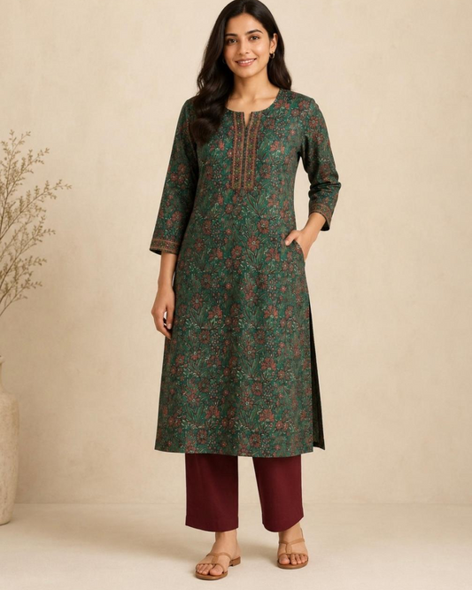 A woman modeling a dark green floral printed kurta with brown embroidery on the neckline, paired with maroon pants, standing against a neutral beige background.