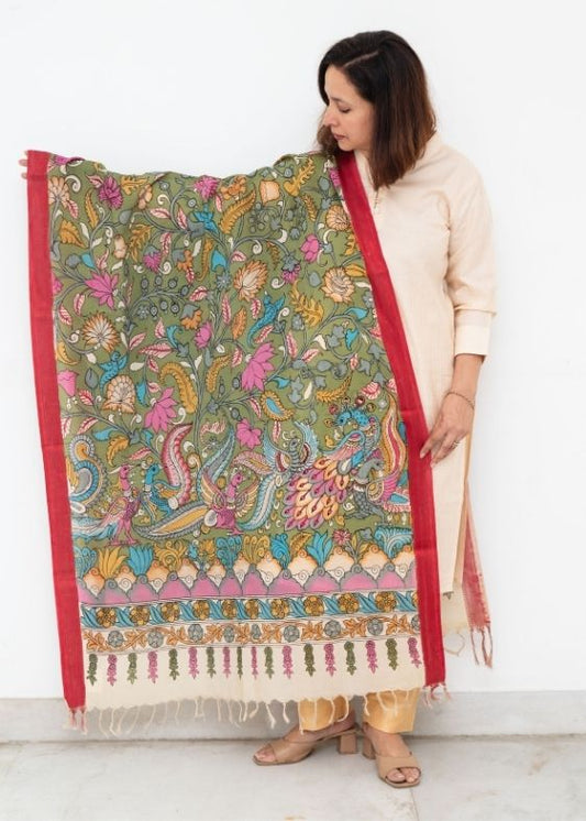 Green and Red Border Hand Painted Kalamkari Dupatta