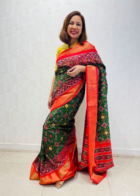 Green and Red Silk Ikat Saree
