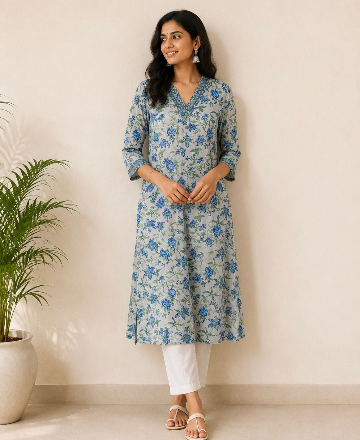 A woman modeling a light blue and white floral printed kurta with white pants and sandals, standing in front of a beige wall next to a potted plant.