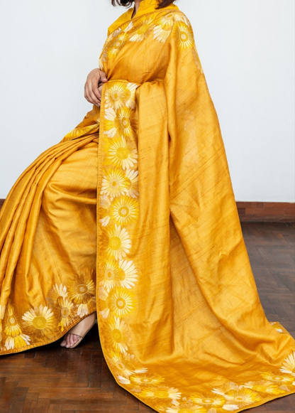 Yellow Tussar Silk Embroidery Saree
