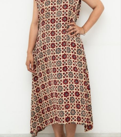 Beige Printed Modal Silk Dress
