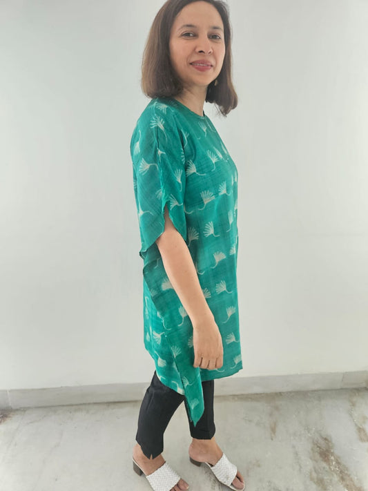 Aqua Green Mura Shibori Tussar Silk Kaftan