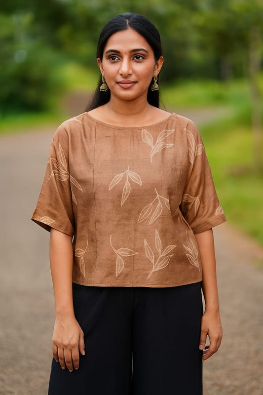 Brown Mura Shibori Tussar Silk Croptop Blouse