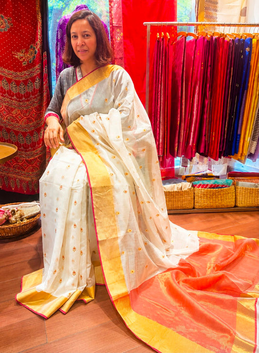 Off White Red Buta Chanderi Silk Saree