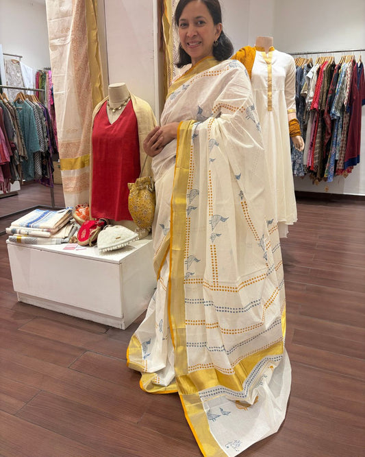 Off White Bird Kavasa Hand Block Printed Cotton Saree