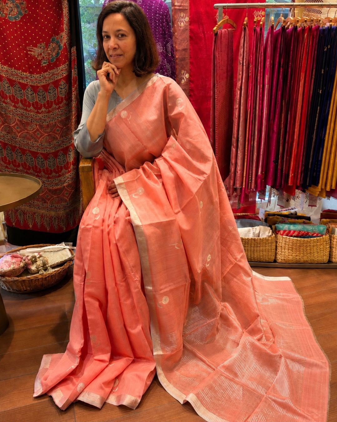 Peach Chanderi Silk Cotton Saree