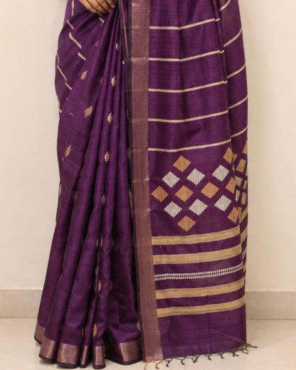 Purple Stripes Bhagalpur Tussar Silk Saree