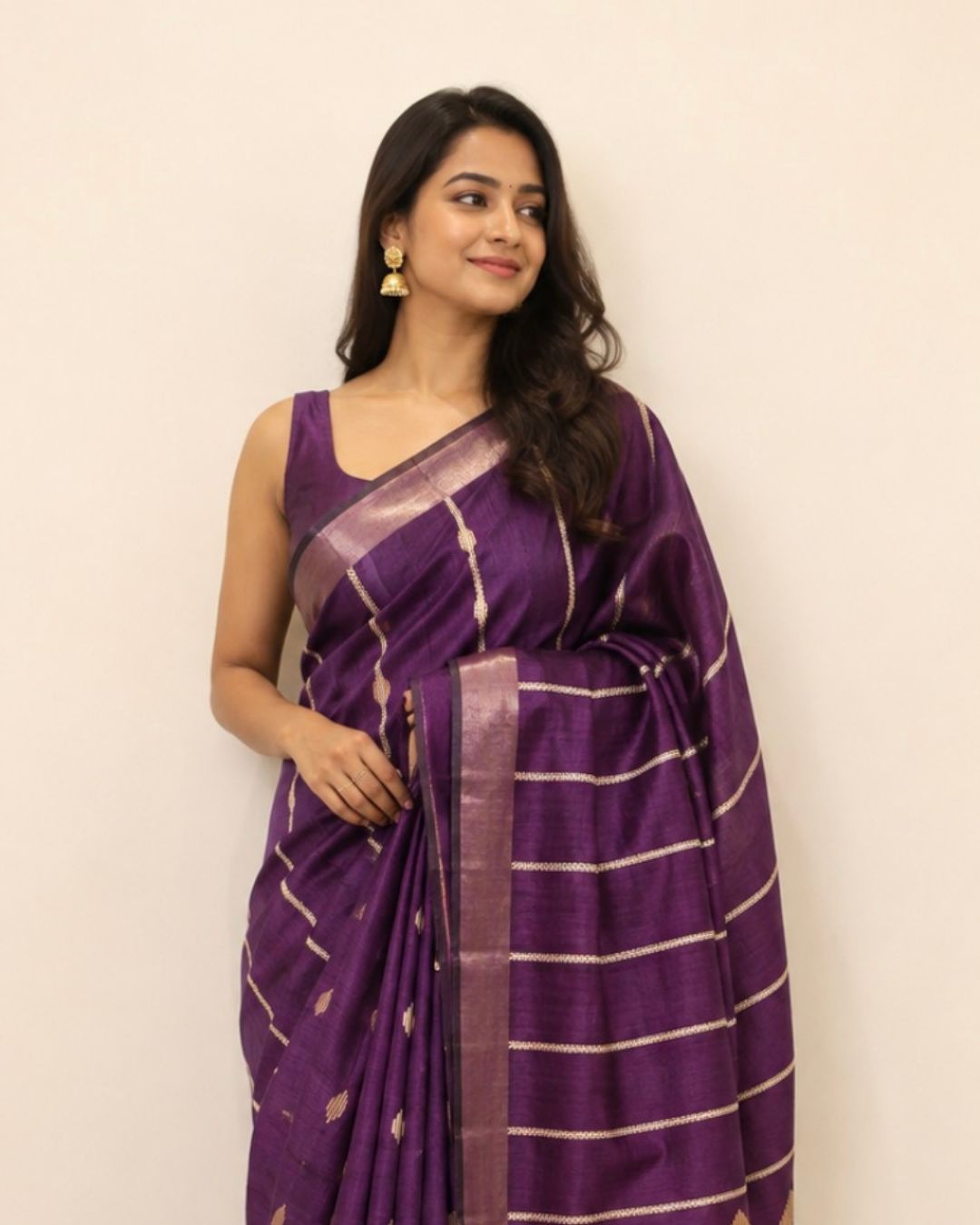 Purple Stripes Bhagalpur Tussar Silk Saree