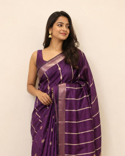 Purple Stripes Bhagalpur Tussar Silk Saree