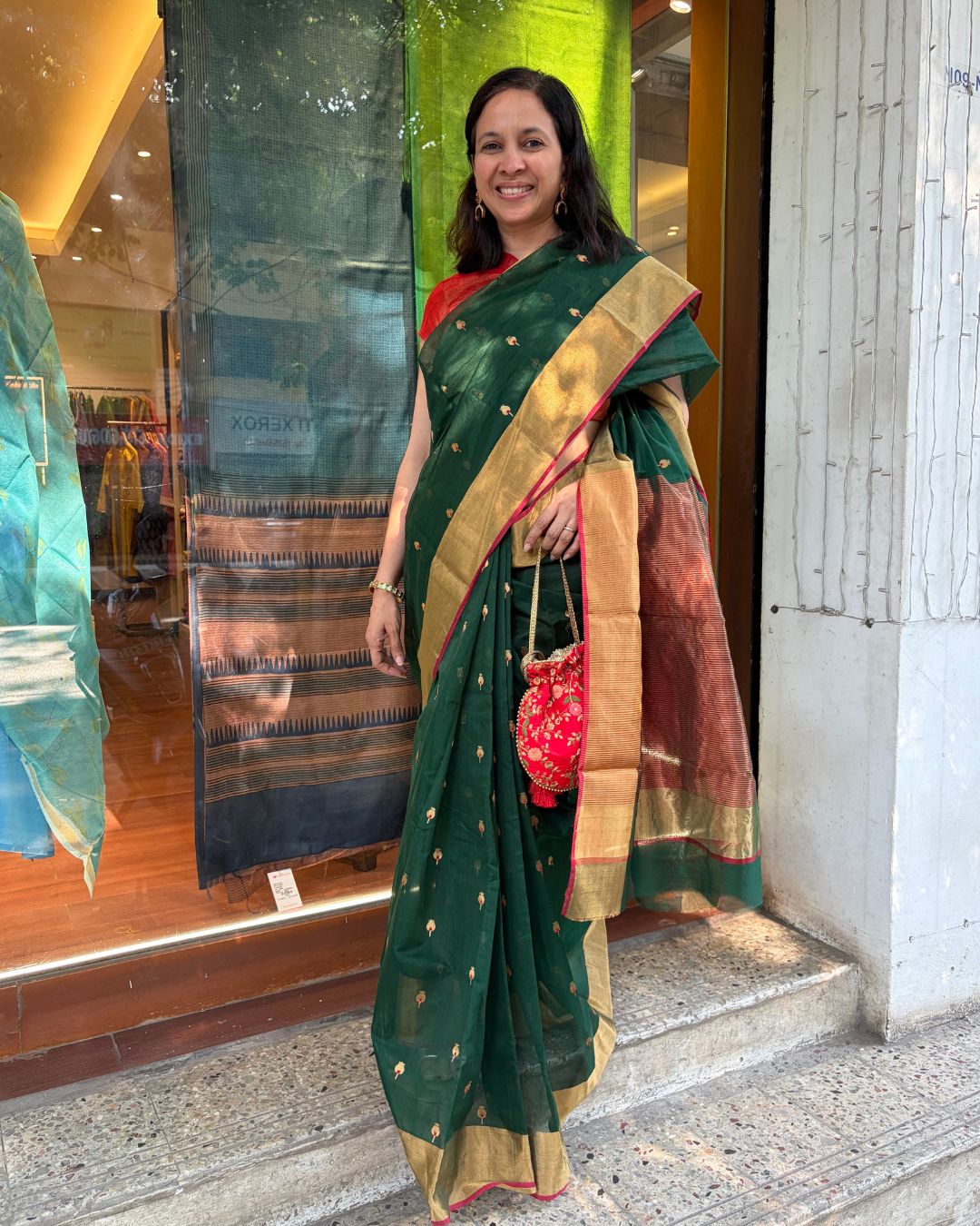 Green Small Anar Red Border Chanderi Saree