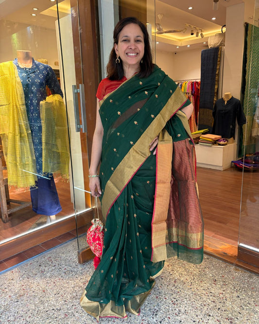 Green Small Anar Red Border Chanderi Saree