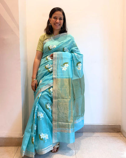 Blue Floral Jamdani Chanderi Silk Cotton Saree