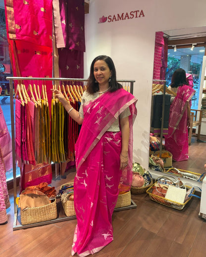 Pink Bird Jamdani Chanderi Silk Cotton Saree