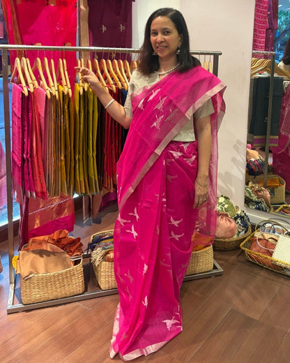 Pink Bird Jamdani Chanderi Silk Cotton Saree
