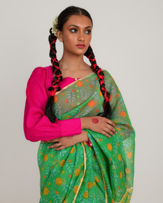Green Floral Chanderi Print Saree