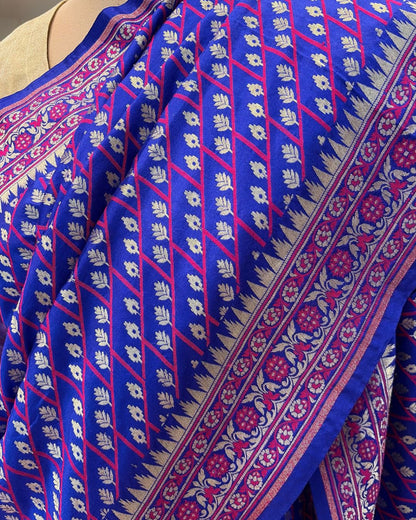 Blue Pink Floral Banarasi Silk Saree