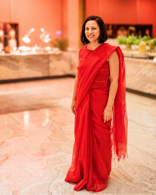 Red Self Checks Organza Cotton Silk Fulia Saree