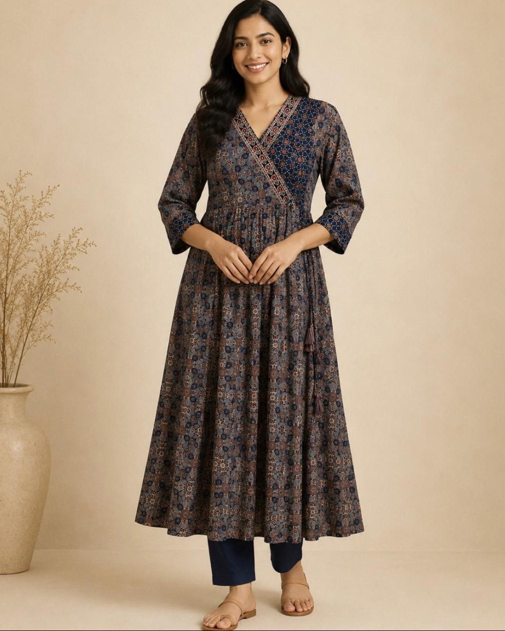 A woman modeling a dark navy blue and brown patterned cotton kurta with three-quarter sleeves, paired with navy blue pants, standing against a warm beige background.