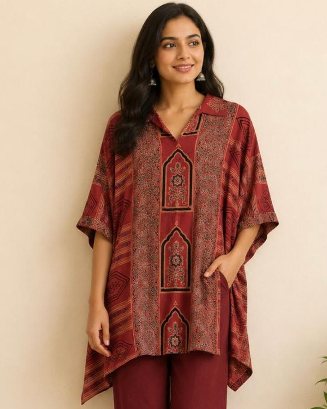 Maroon Shirt Collar Kaftan Modal Top