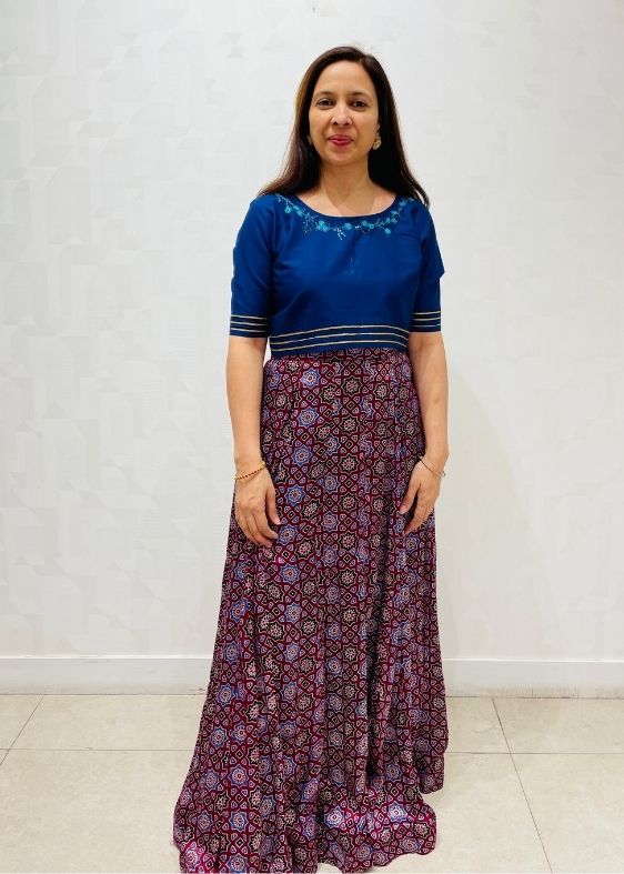 Maroon and Blue Ajrakh Print Mashroosilk Silk skirt
