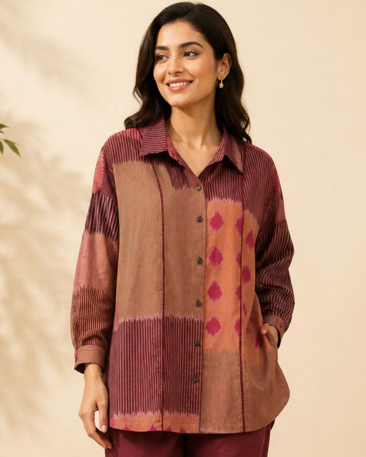 Maroon Shirt Collar Ikat Cotton Top