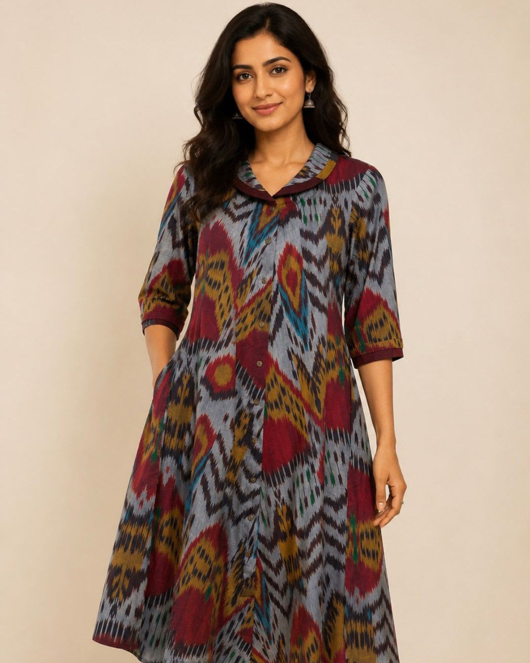 A woman modeling a long-sleeved, collared A-line kurta dress with a multicolor ikat pattern on a light gray base, set against a plain beige background.