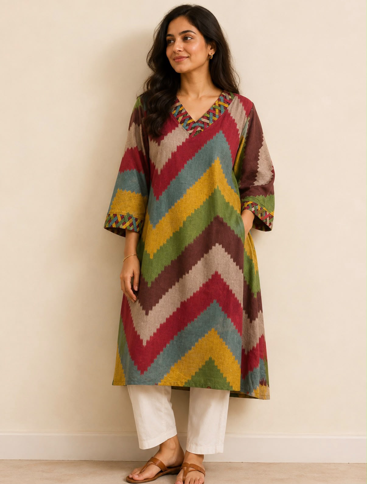 A woman modeling a loose, V-neck tunic with a multicolor chevron pattern in red, yellow, green, brown, and beige, paired with white pants and brown sandals against a plain beige wall.