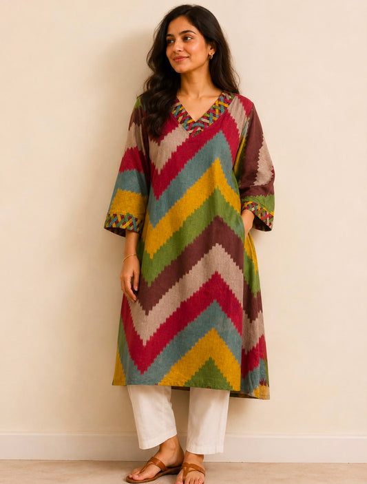 A woman modeling a loose, V-neck tunic with a multicolor chevron pattern in red, yellow, green, brown, and beige, paired with white pants and brown sandals against a plain beige wall.
