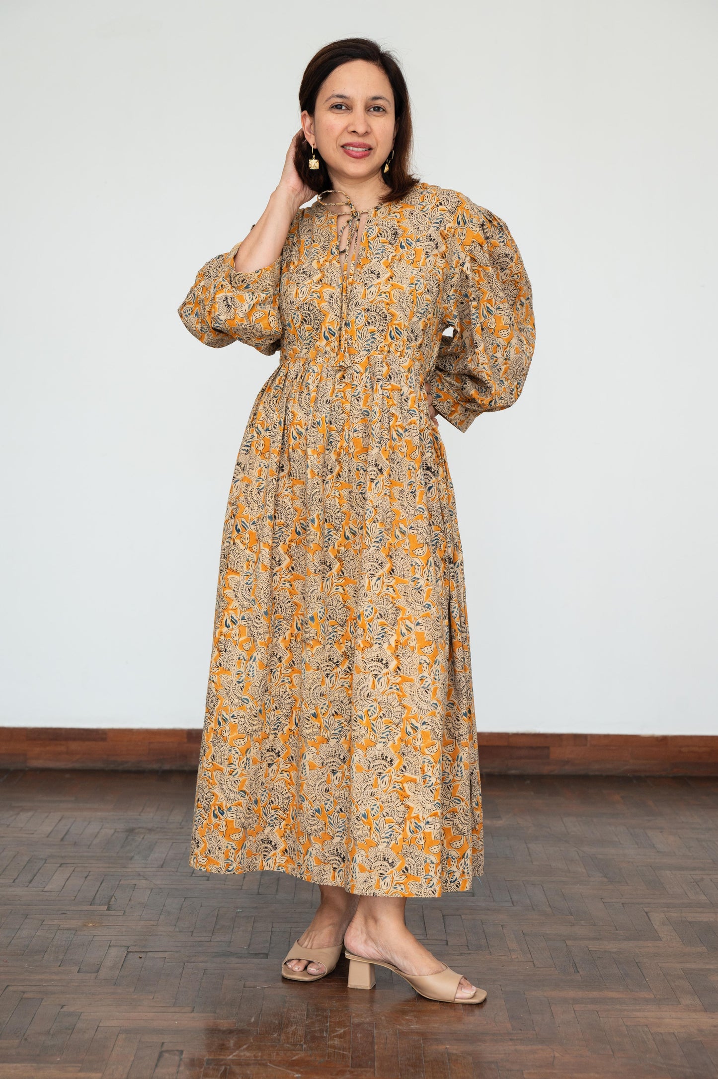 Mustard Kalamkari Balloon Sleeves Dress