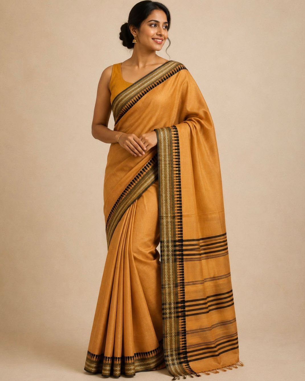 A woman models a mustard yellow saree with black and gold striped borders, paired with a matching yellow blouse, against a solid beige studio background.