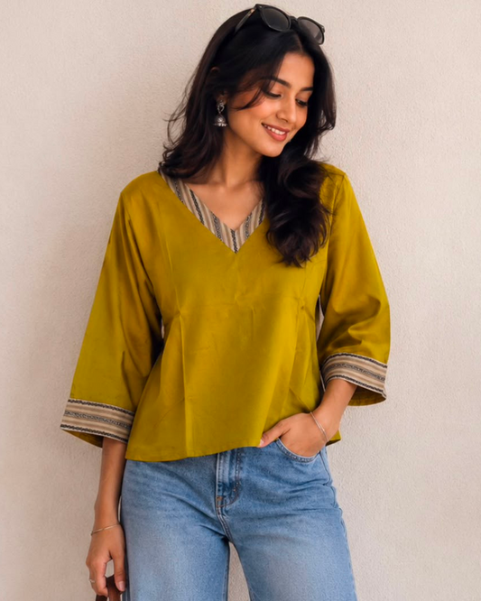 Mustard Yellow Modal V Neck Cuff Top