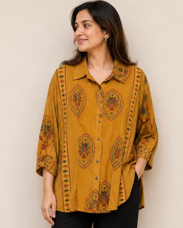 A woman wearing a mustard yellow button-up shirt with a brown and red paisley pattern, paired with black pants and brown sandals, standing against a plain beige wall.
