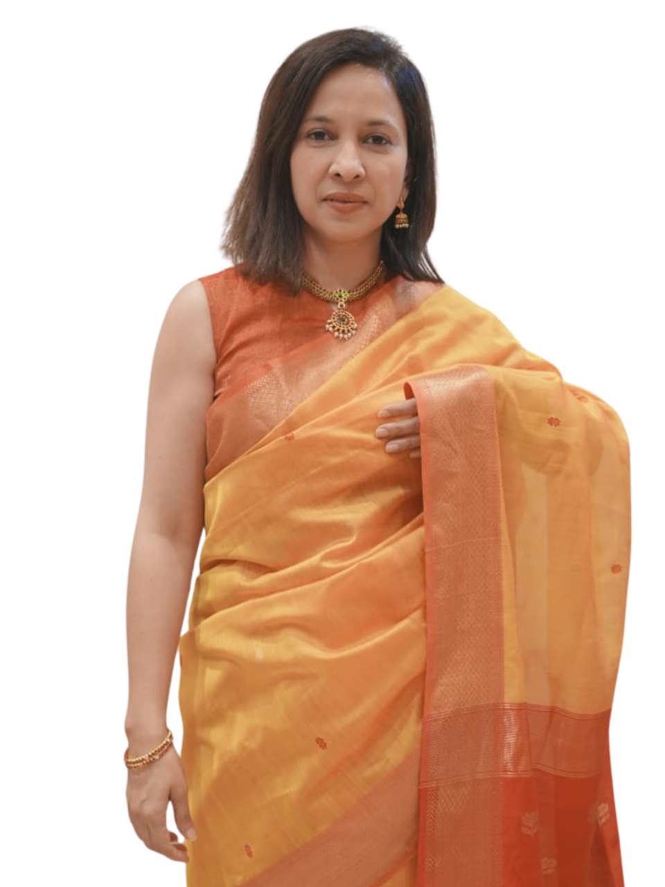 Yellow Red Gold Boota Maheswari Silk Cotton Puja Saree
