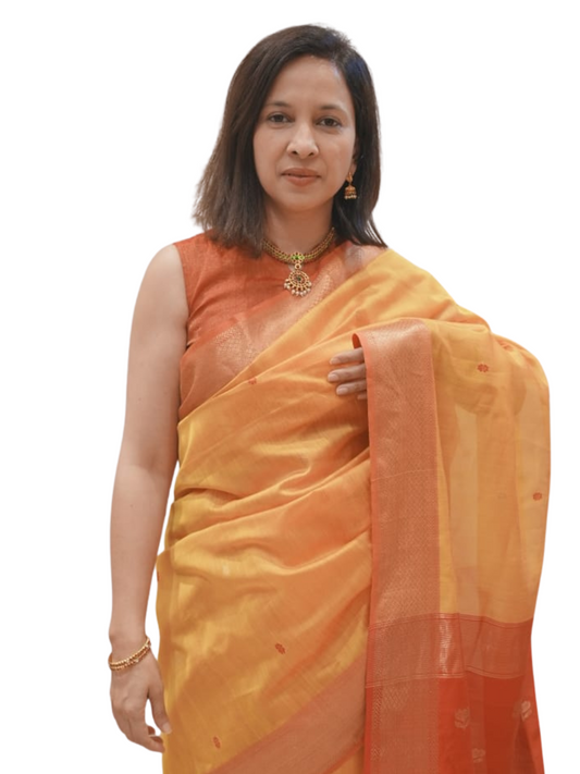 Yellow Red Gold Boota Maheswari Silk Cotton Puja Saree
