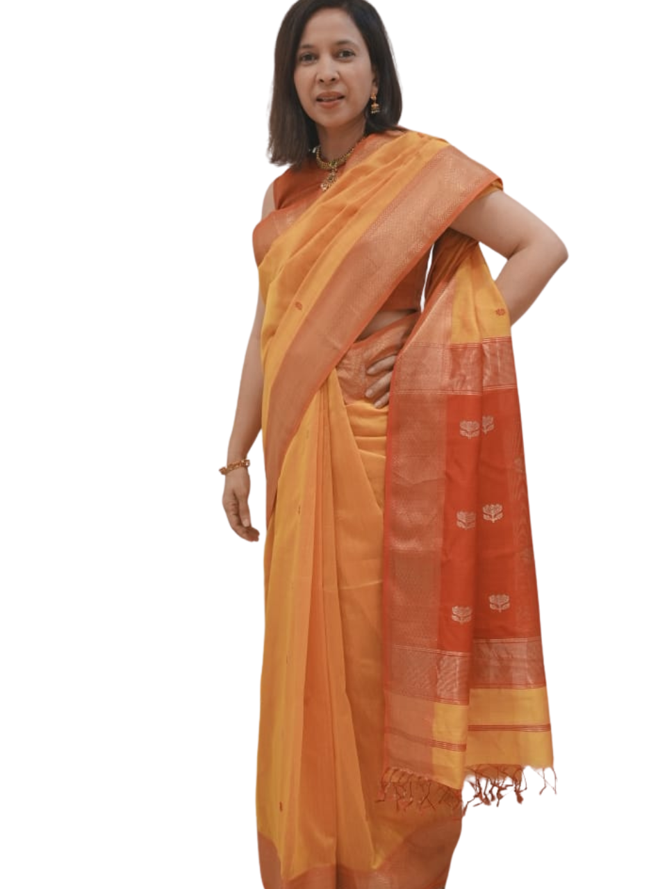 Yellow Red Gold Boota Maheswari Silk Cotton Puja Saree
