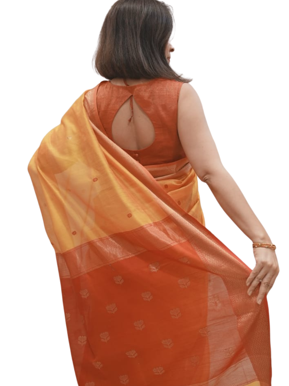 Yellow Red Gold Boota Maheswari Silk Cotton Puja Saree