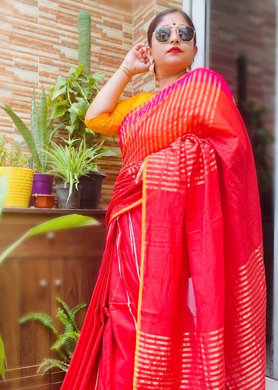 Orange Fulia Cotton Gold Stripes Saree